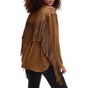 Women's Faux Suede Fringe Jacket Vintage Western Cowgirl Tassel Jackets Khaki